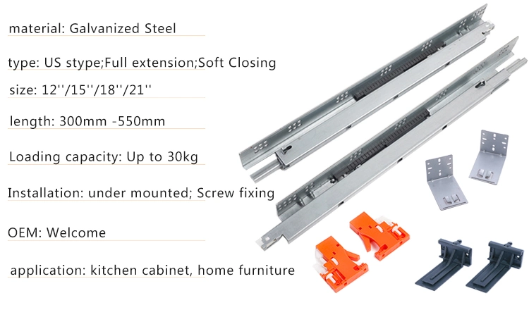 Bottom Mount Steel Full Extentsion Drawer Slides